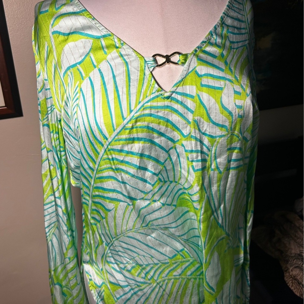 Boston Proper Tropical Palm Leaf Metallic Stripe V-Neck Blouse Green Blue M - Picture 7 of 8